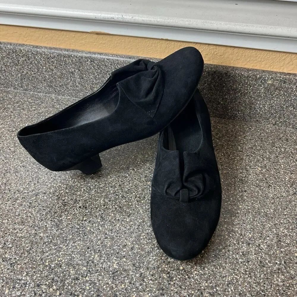 Hotter Womens UK 7.5 US 9.5 Black Suede Block Heel Slip On Closed Toe Dress Pump